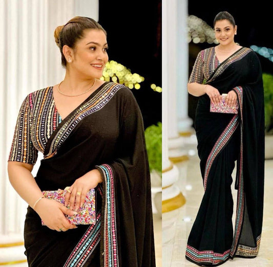 Georgette saree with beautiful lace border and  sequence work designer multicolour embroidery work blouse